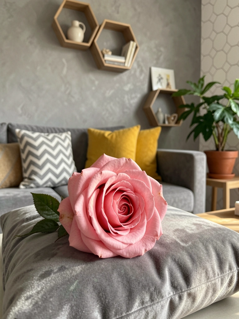Rosa pink vintage sobre almofada de veludo cinza, sofá com almofadas geométricas e prateleiras hexagonais decoradas.