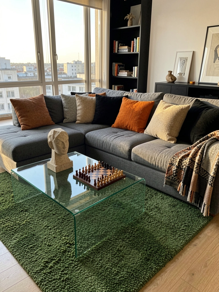 Sofá cinza com almofadas laranja e preta, mesa de vidro com escultura de xadrez, janelão com vista urbana e luz natural.