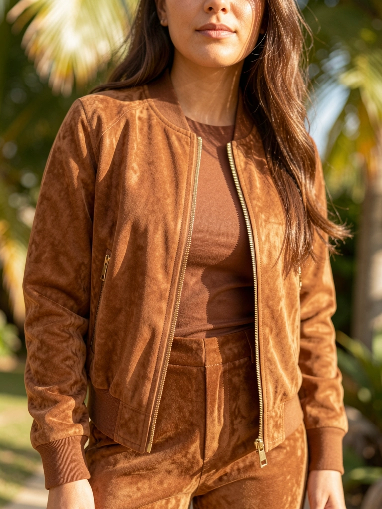 Close-up de mulher com jaqueta bomber de camurça marrom com zíperes dourados, luz natural quente e fundo desfocado com sol tropical.