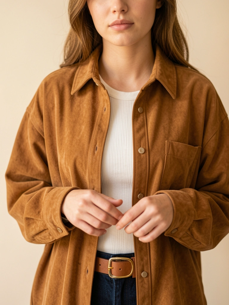 Mulher jovem de camisa de camurça marrom, blusa branca e calça jeans, luz natural suave, fundo bege claro.