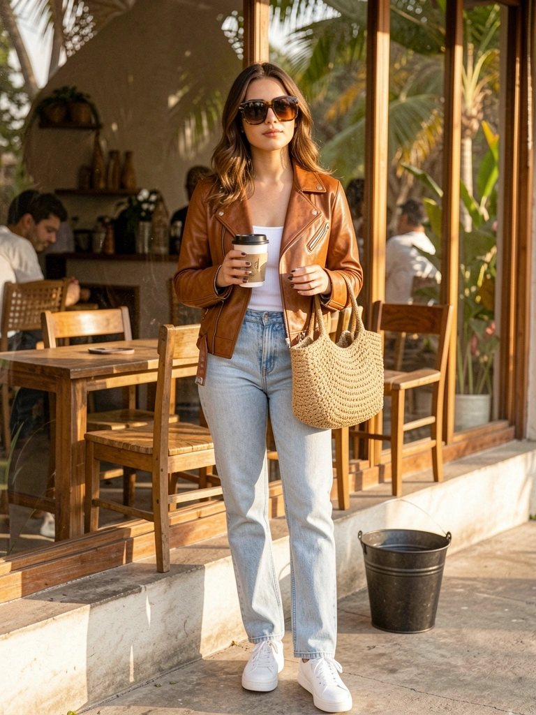 Jaqueta de couro marrom vintage, óculos escuros grandes e tênis branco combinados com bolsa de palha e café; luz natural entra pela janela.