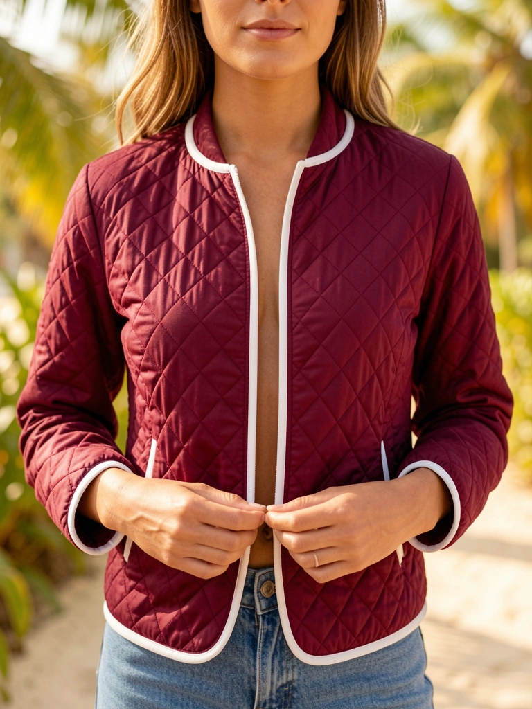 Detalhe da jaqueta acolchoada vinho com debrum branco, mãos da mulher próximas aos bolsos, jeans e fundo desfocado com luz natural tropical.