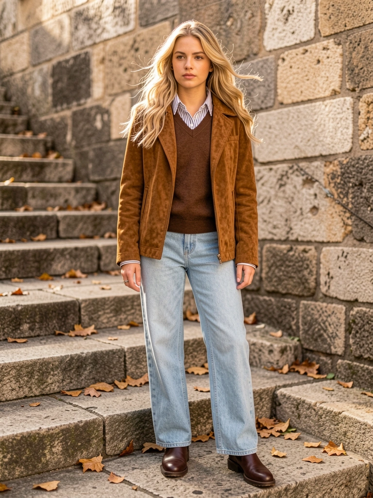 Jaqueta de camurça marrom sobre colete e camisa listrada, calça wide-leg jeans clara e botas de couro, mulher em escadaria de pedra com folhas caídas, luz natural quente.
