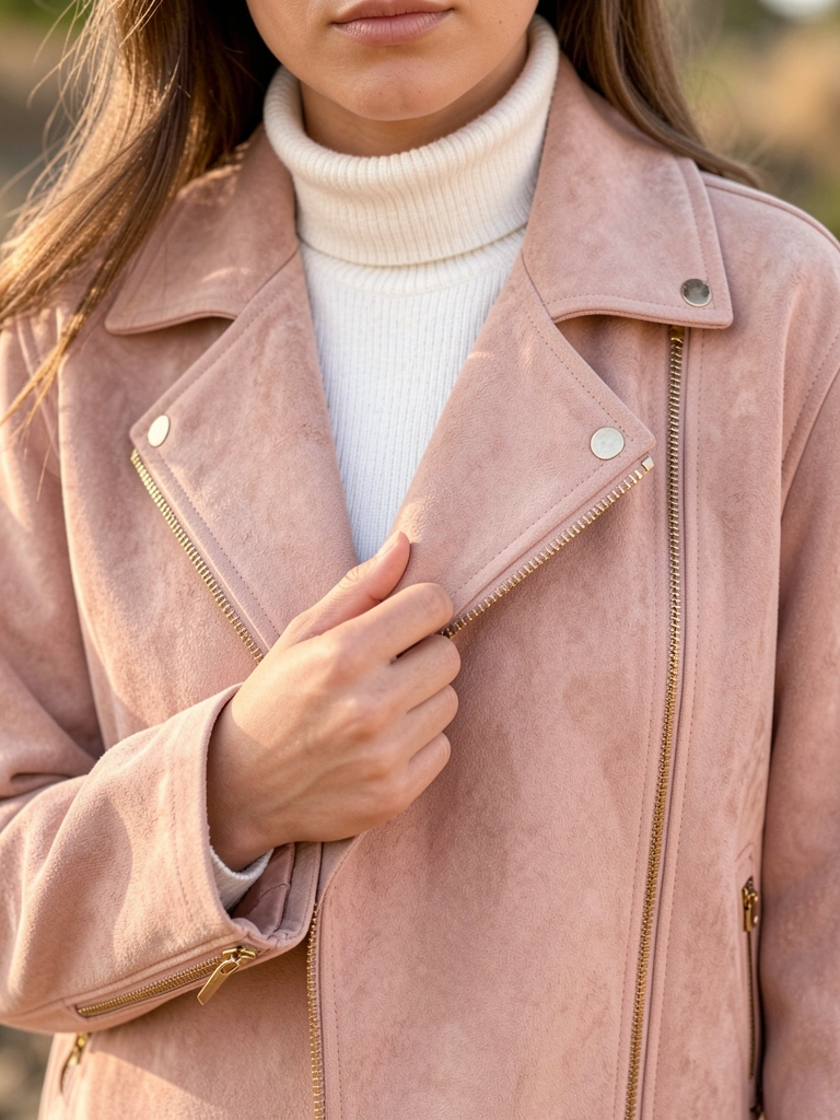 Close de jaqueta rosa clara em camurça com zíper dourado, gola de gola alta branca, dedo segurando a lapela, fundo desfocado com luz suave.