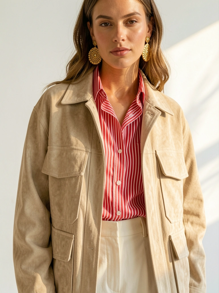 Jaqueta bege de camurça com bolsos grandes, camisa listrada vermelha e branca e calça creme, brincos dourados, luz natural suave.