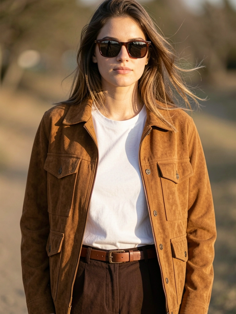 Jaqueta de camurça marrom com bolsos grandes, camiseta branca e calça escura, luz natural quente com sombras suaves.