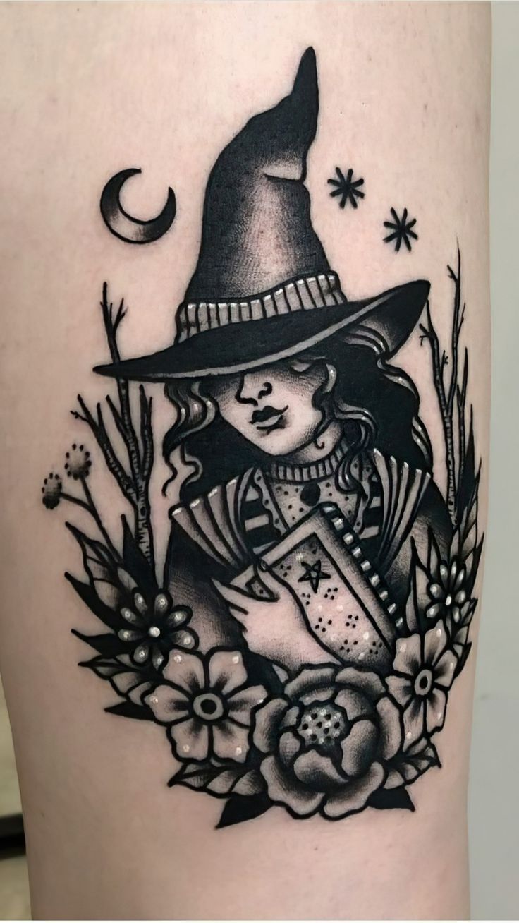 tatuagem de bruxa com gato
