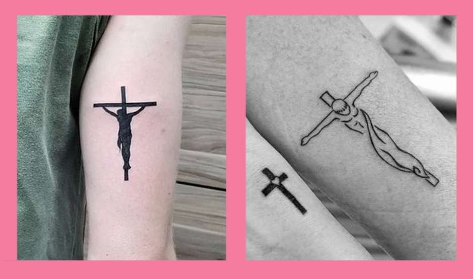 tatuagem de cruz com leão braço