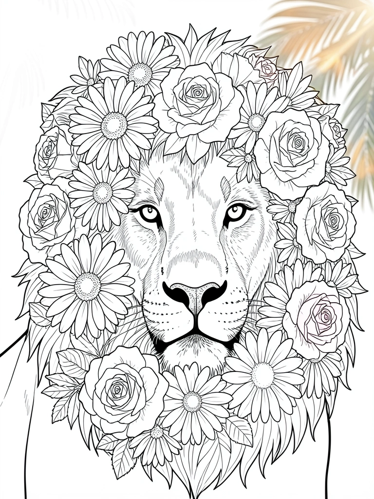 Leão com coroa de margaridas e rosas em preto e branco, estilo página de colorir, fundo branco puro.
