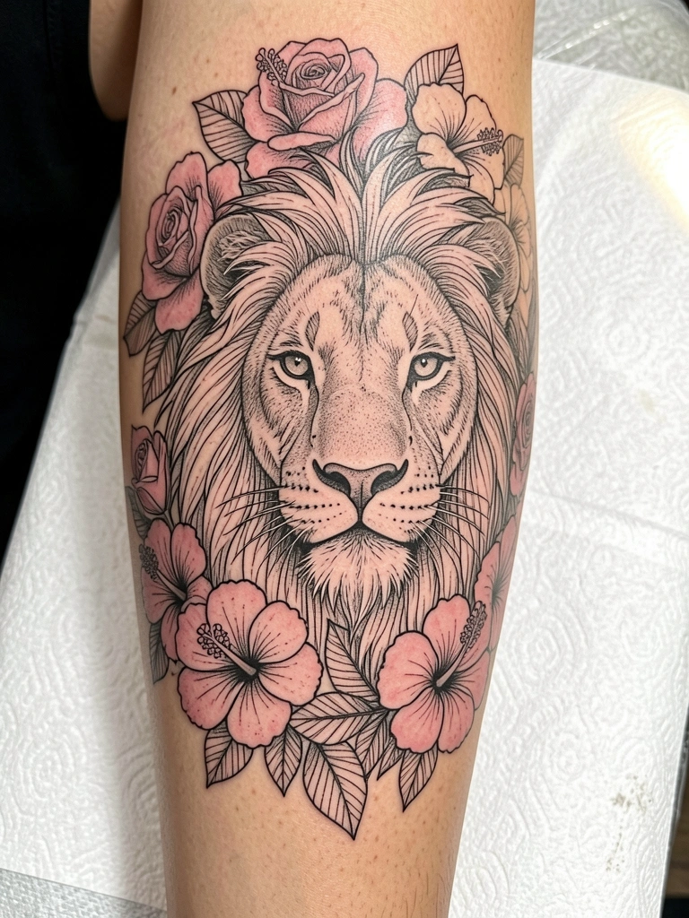 Tatuagem de leoa com rosas e hibiscos em fine-line blackwork sobre pele bege, fundo desfocado de estúdio, luz natural.
