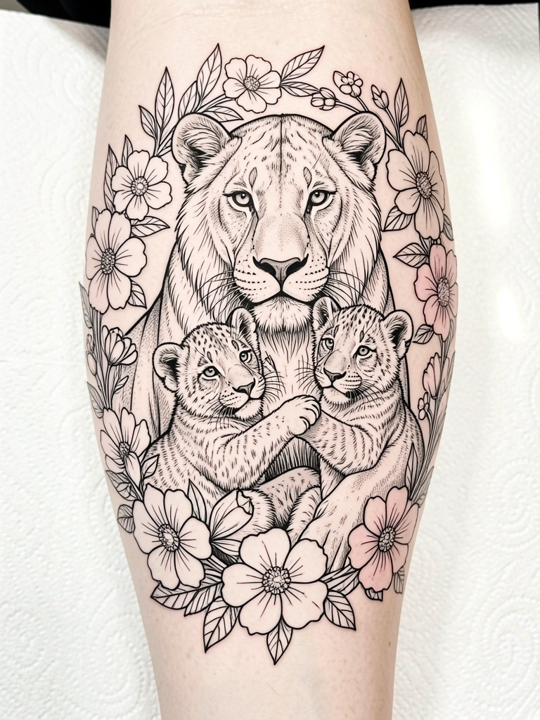 Leoa e filhotes em tatuagem preta sobre fundo off-white, com guirlanda floral, luz natural suave e sombras sutis.