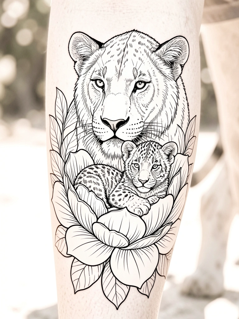 Leoa com filhote em flor, traços pretos grossos, fundo branco, luz natural suave.