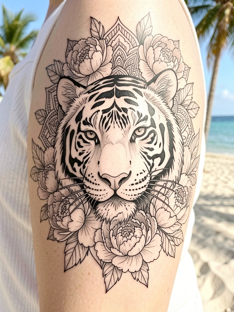 Tigre em mandala com peônias e folhagens, tatuagem preta e cinza no braço, luz natural tropical e fundo claro.