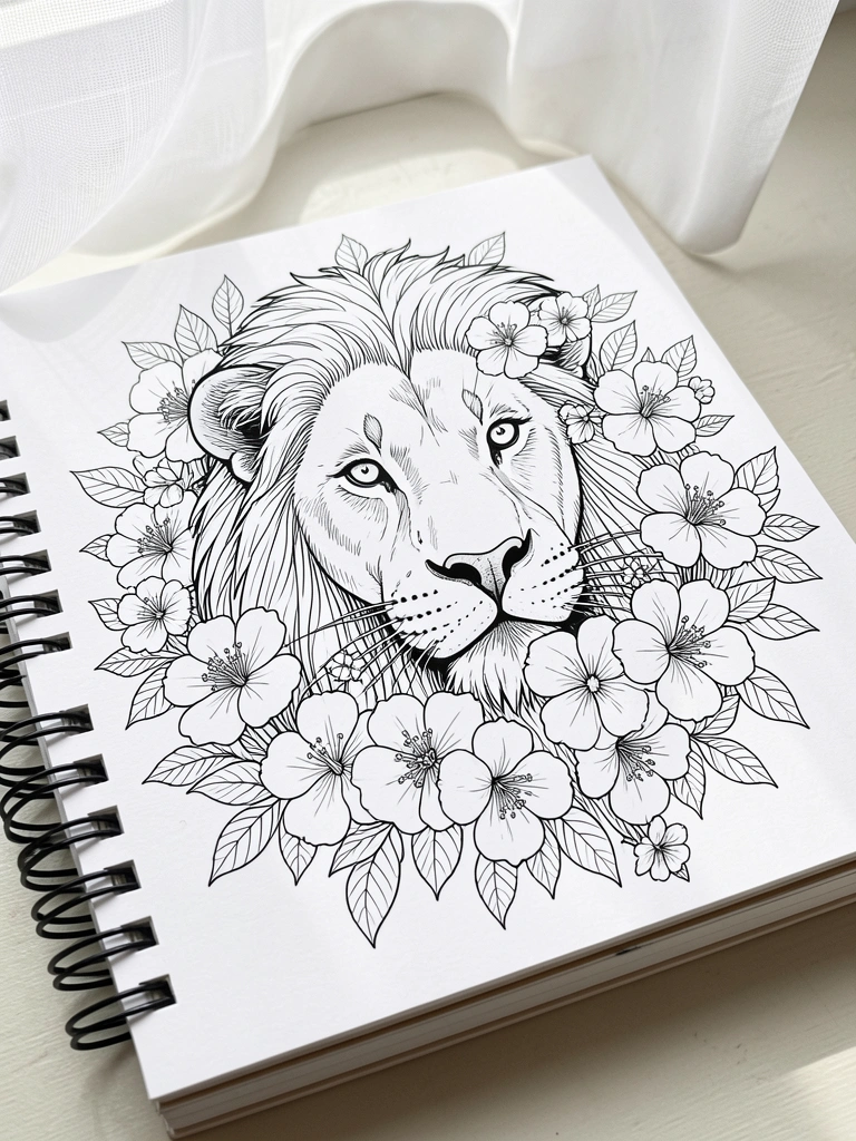 Desenho preto e branco de cabeça de leão entrelaçada com flores brancas, sobre caderno espiral, luz natural e cortina de tecido ao fundo.