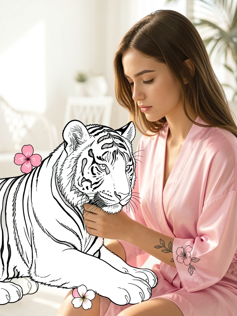 Linhas pretas finas, filhote de tigre branco encostado na mão de mulher de roupão rosa claro, flor branca ao lado, fundo desfocado claro.