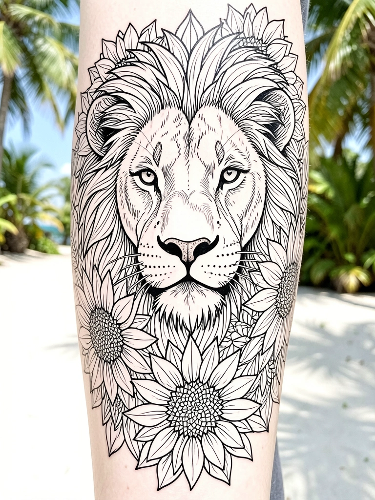 Cabeça de leão em preto e branco com padrões florais geométricos detalhados, estilo line art, fundo branco puro.