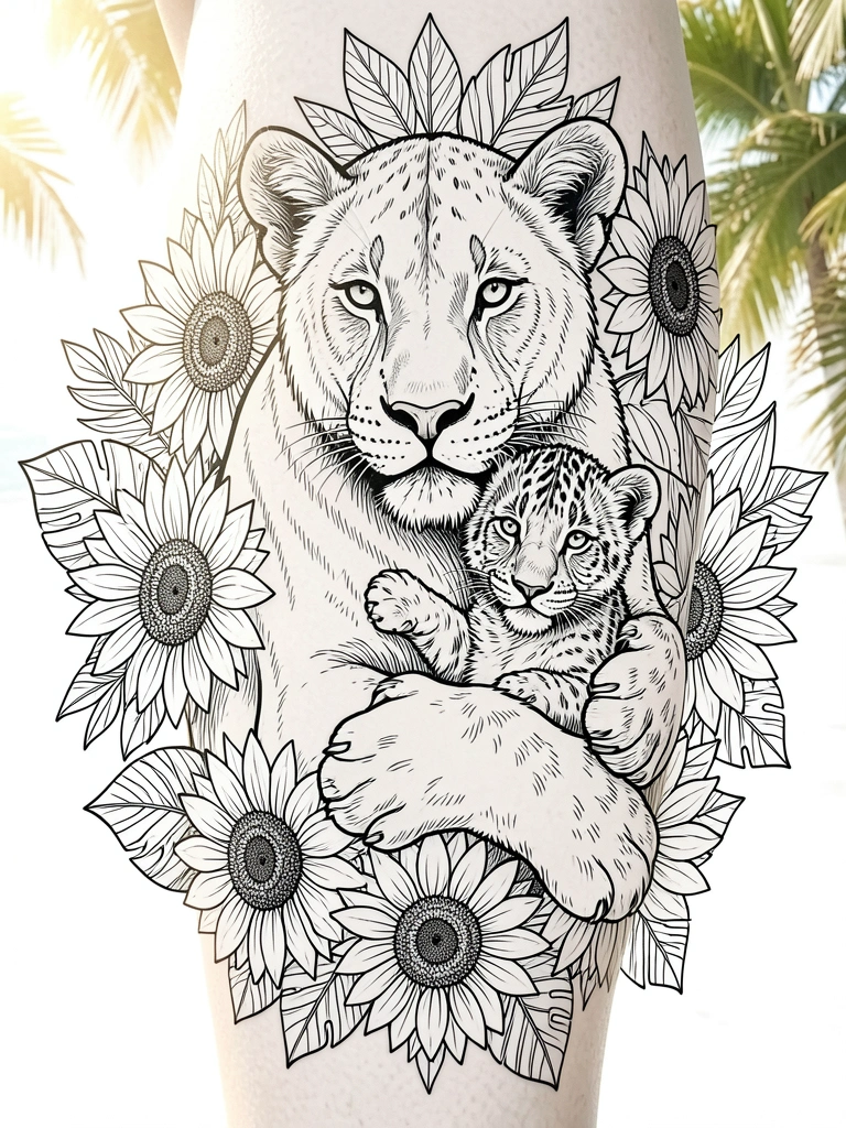 Tatuagem preto e branco de leoa segurando filhote, cercada por girassóis e folhas tropicais, fundo branco.