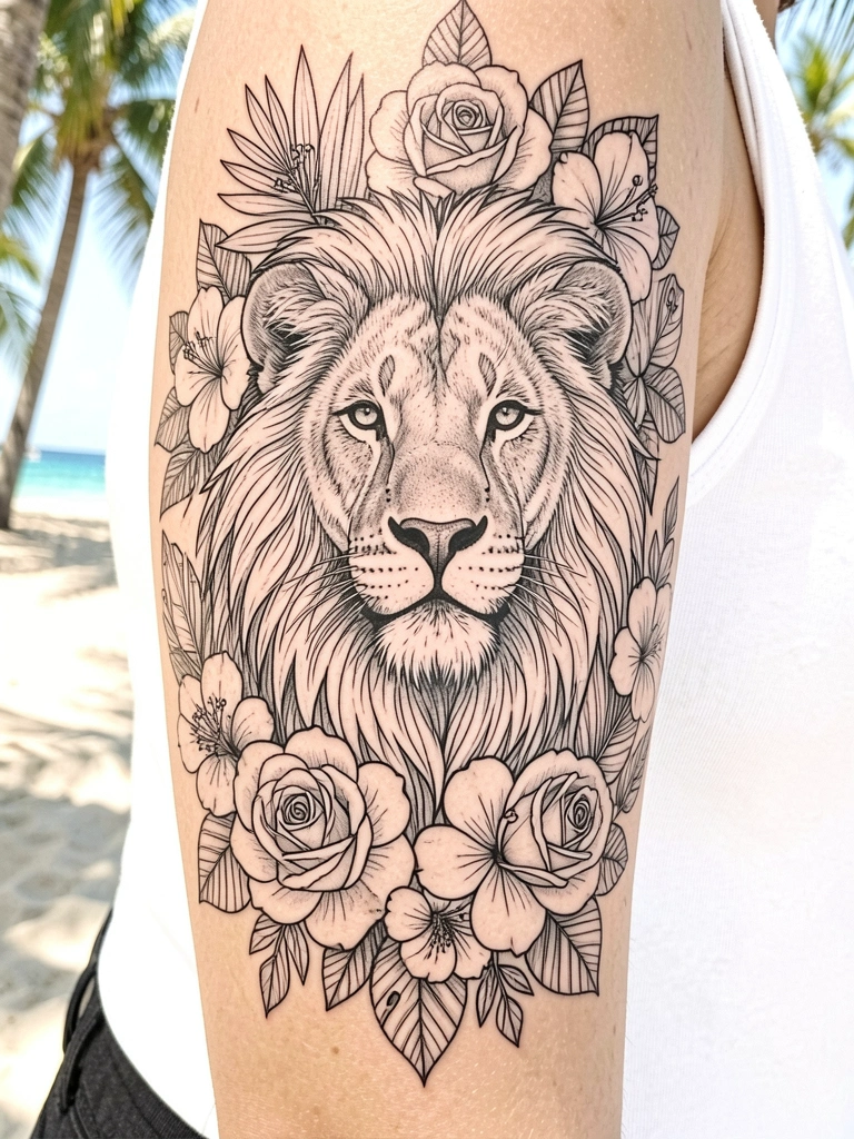 Tatuagem preta e cinza de leão com flores tropicais detalhadas no braço de uma mulher, luz natural do dia.