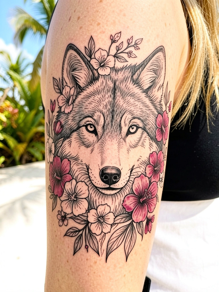 Braço feminino com tatuagem realista de lobo em preto e cinza, cercada por flores rosas e roxas detalhadas, luz natural tropical.