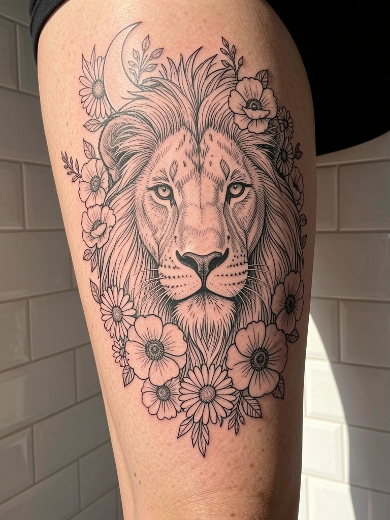 Tatuagem preta e branca de cabeça de leão com margaridas e papoulas na coxa, luz natural e fundo cinza neutro.