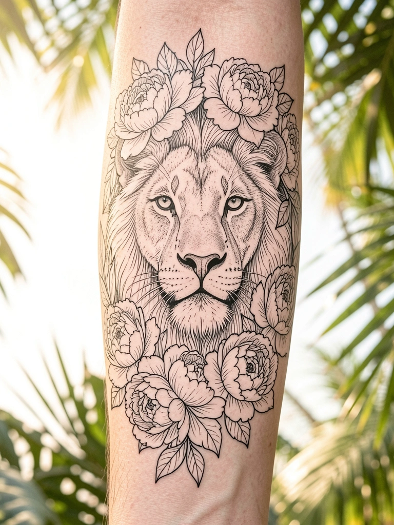 Tatuagem preto e branco de rosto de leão com coroa de peônias e rosas em braço, luz natural suave, fundo branco puro.