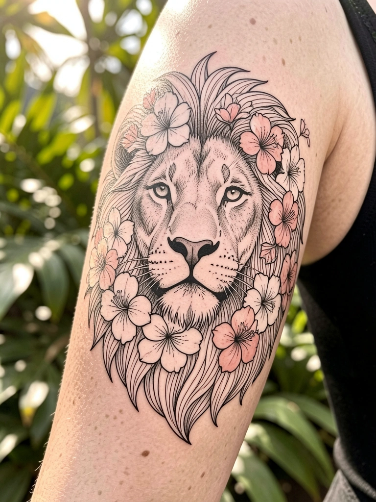 Tatuagem de cabeça de leão em preto e cinza entrelaçada com flores brancas e rosa blush, luz natural filtrada por folhas, braço feminino com textura de pele visível.