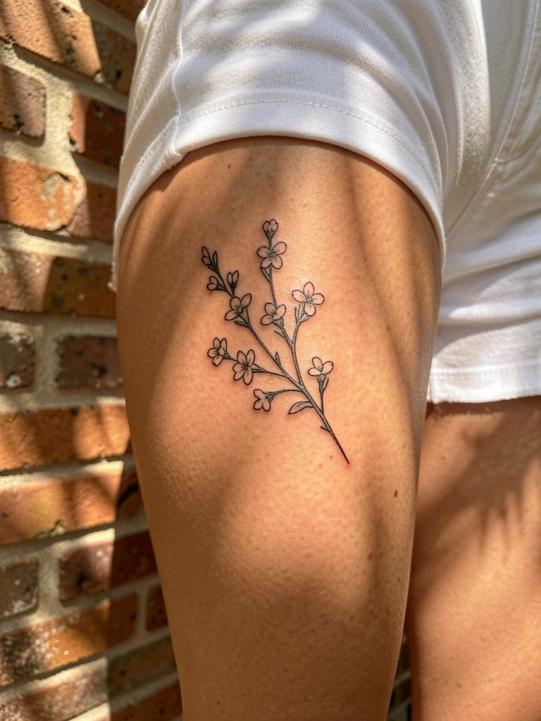 Close-up de perna feminina com tatuagem floral delicada em tinta preta, shorts brancos, parede de tijolos texturizada e luz natural filtrada.