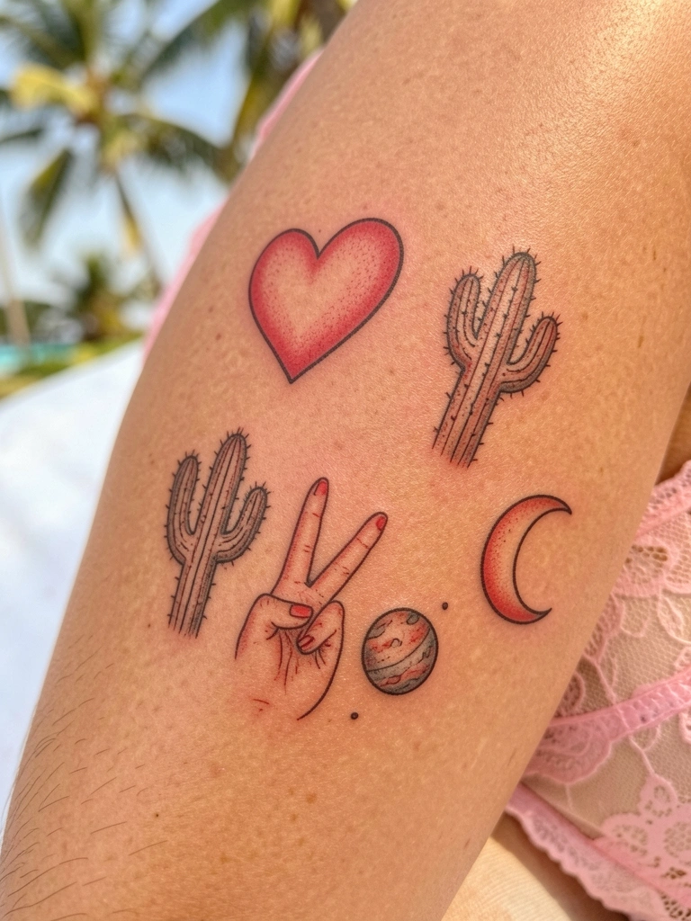 Perna feminina com tatuagens delicadas em traço fino: coração, cacto, lua crescente e planeta, renda rosa sob luz natural.