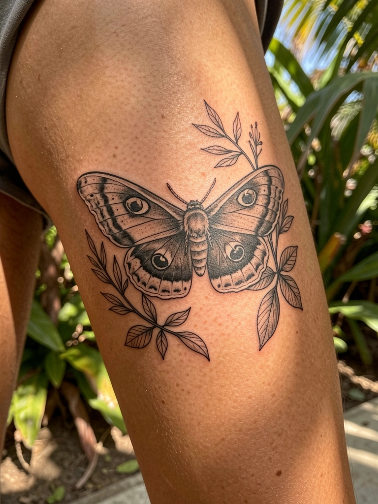 Tatuagem preto e branco de mariposa com asas detalhadas e folhagem na coxa, luz natural filtrada por folhagens ao fundo.