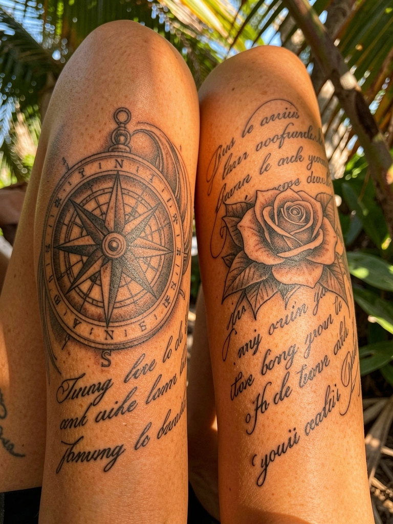 Pernas femininas com tatuagens realistas de bússola, rosa e escrita em latim, luz natural filtrada por folhas.