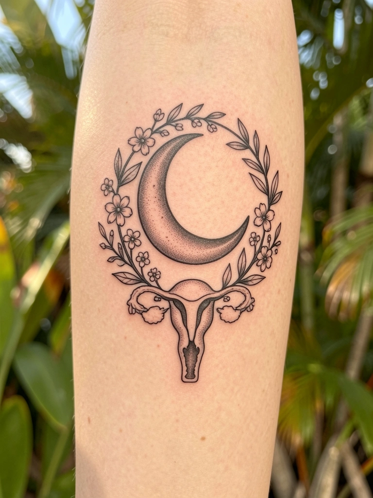 Tatuagem de lua crescente com ramos florais e florzinhas brancas em torno de um símbolo de útero, pele bege clara, luz natural suave e folhagem tropical desfocada ao fundo.