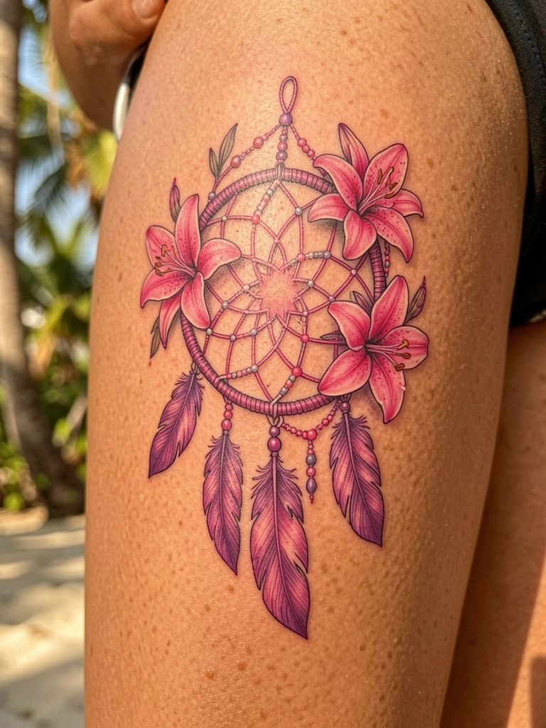 Tatuagem de apanhador de sonhos rosa e roxo com penas e miçangas, luz natural em pele morena.