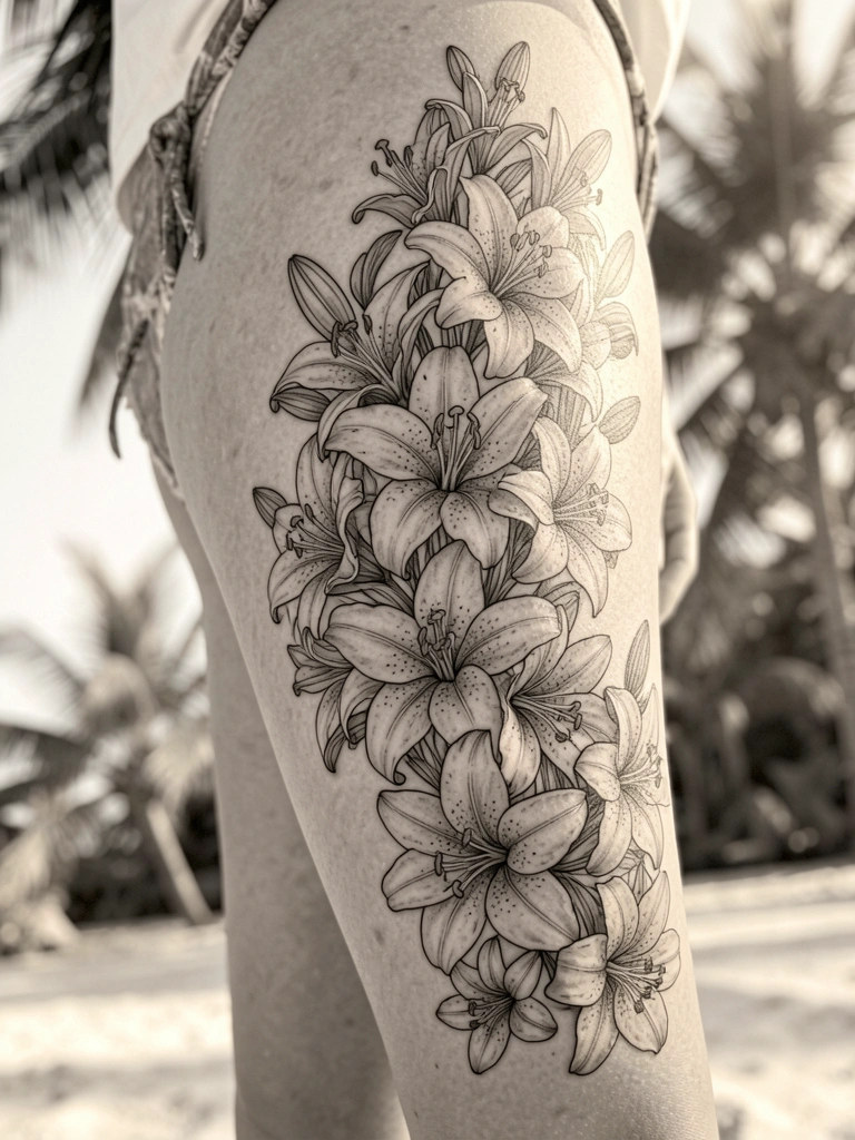 Tatuagem floral preta e branca detalhada na coxa de uma mulher, com lírios e flores em cascata, luz natural suave e fundo desfocado tropical.