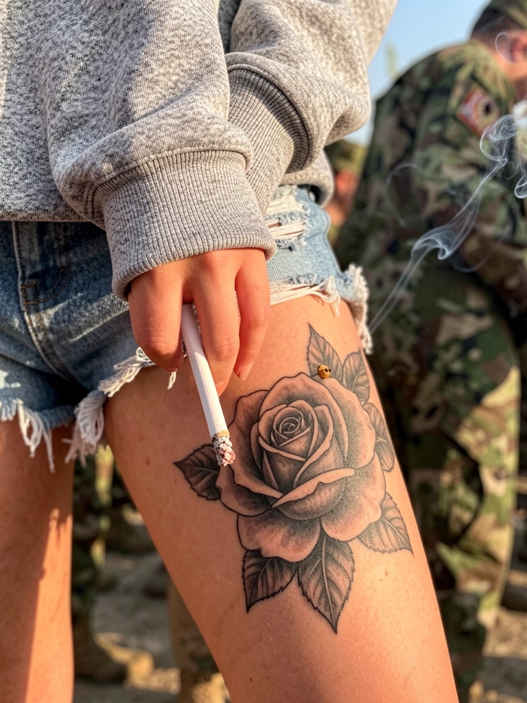 Close de pernas femininas em short jeans desfiado e moletom cinza, tatuagem de rosa na coxa, mão segurando cigarro, fundo desfocado com multidão em uniforme camuflado, luz natural quente.