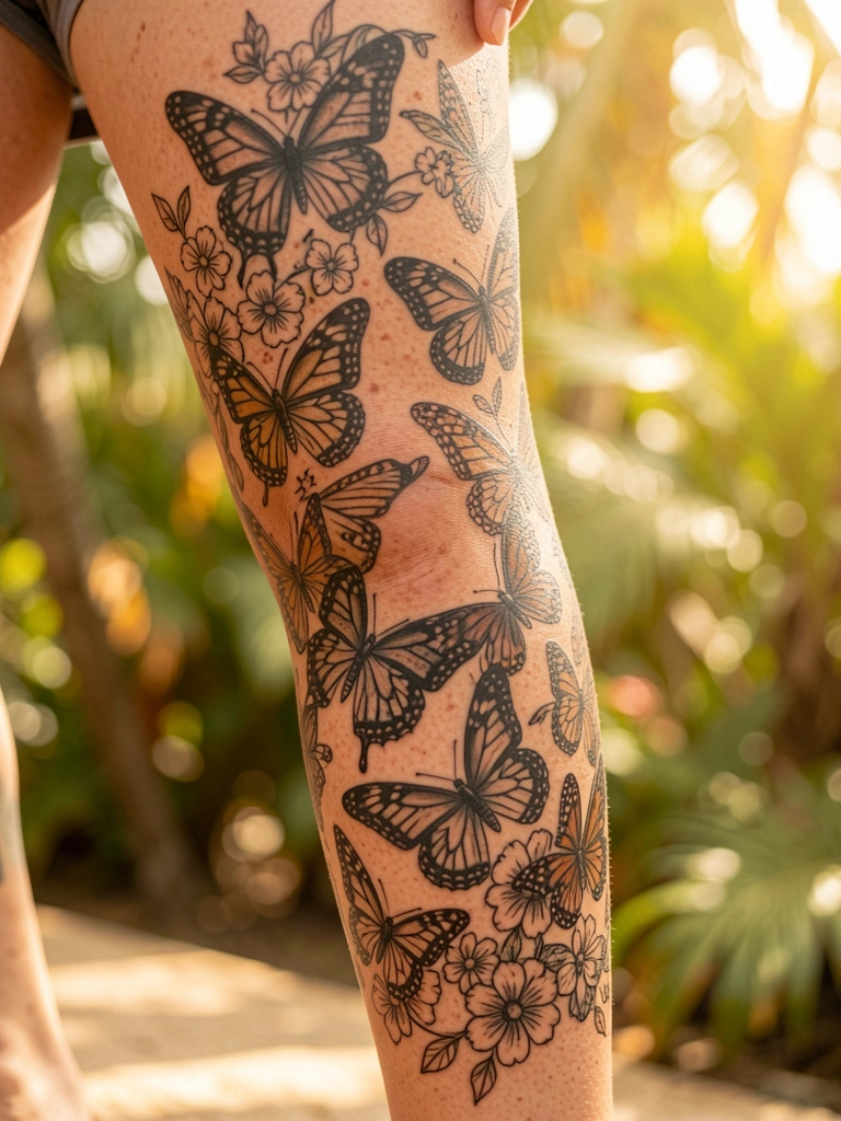 Perna feminina com tatuagens de borboletas e flores em tinta preta, pele realista, luz natural difusa e fundo tropical desfocado.