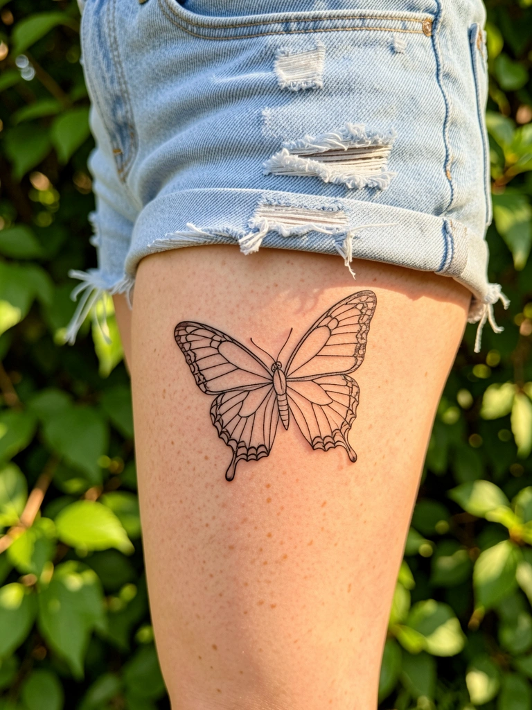Perna feminina com tatuagem de borboleta em traço preto na coxa, shorts jeans desfiado, folhagem verde desfocada ao fundo com luz natural.