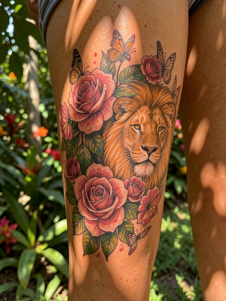 Perna feminina com tatuagem realista de rosa, leão e borboletas em aquarela, luz solar filtrada por folhagens, fundo de jardim tropical desfocado.