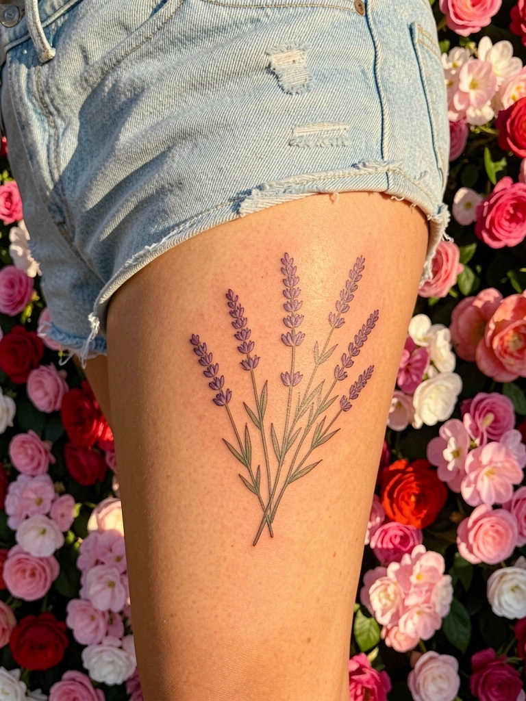 Perna feminina com tatuagem de lavanda na coxa, shorts jeans desbotados e fundo floral desfocado em rosa e vermelho sob luz quente