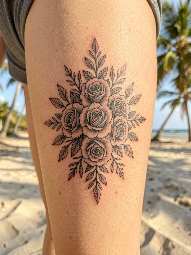 Macro de tatuagem floral simétrica em preto na coxa feminina, com rosas e folhas detalhadas, pele clara e luz natural quente.