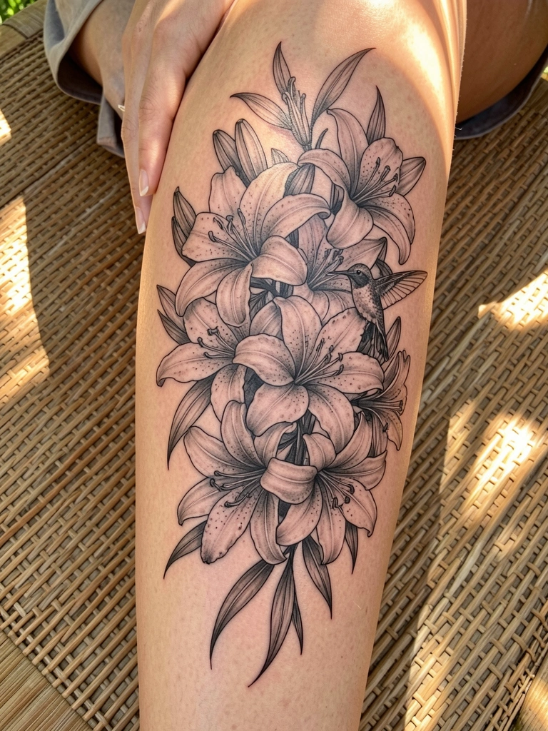Tatuagem preta e branca detalhada de lírios e um beija-flor na coxa, com fundo de esteira de rattan e luz natural filtrada.