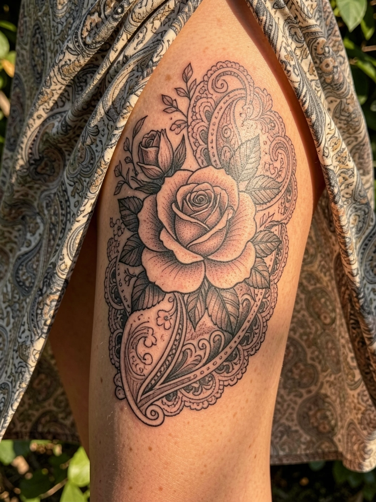 Close-up de perna feminina com tatuagem floral preta e cinza detalhada, rosa e folhagem, sob vestido fluido com luz solar difusa e fundo desfocado.