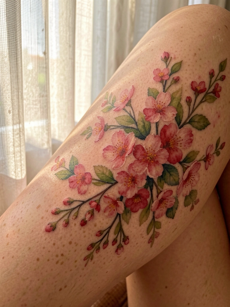 Perna feminina com tatuagem floral em aquarela de rosas e folhas verdes, luz natural filtrada por cortina ao fundo.