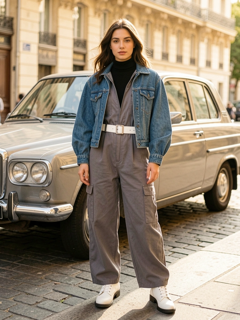 Jovem em macacão utilitário cinza e jaqueta jeans com mangas bufantes, em rua parisiense com carro antigo ao fundo, luz natural de verão.