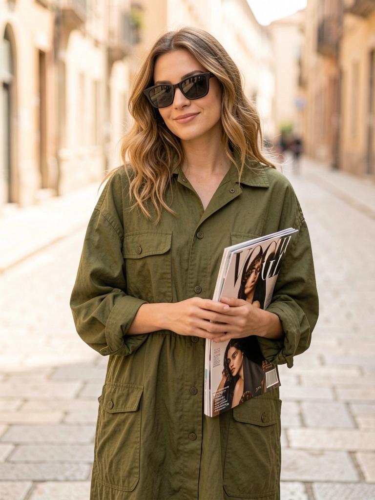 Mulher com vestido verde oliva militar e óculos escuros segurando revista Vogue, rua de pedra ao fundo com luz natural.