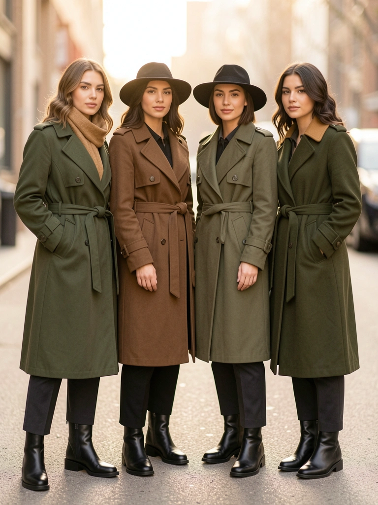 Quatro mulheres em casacos militares verde-oliva, cintados e com lapelas largas, usando botas pretas e calças escuras, sob luz difusa e quente.