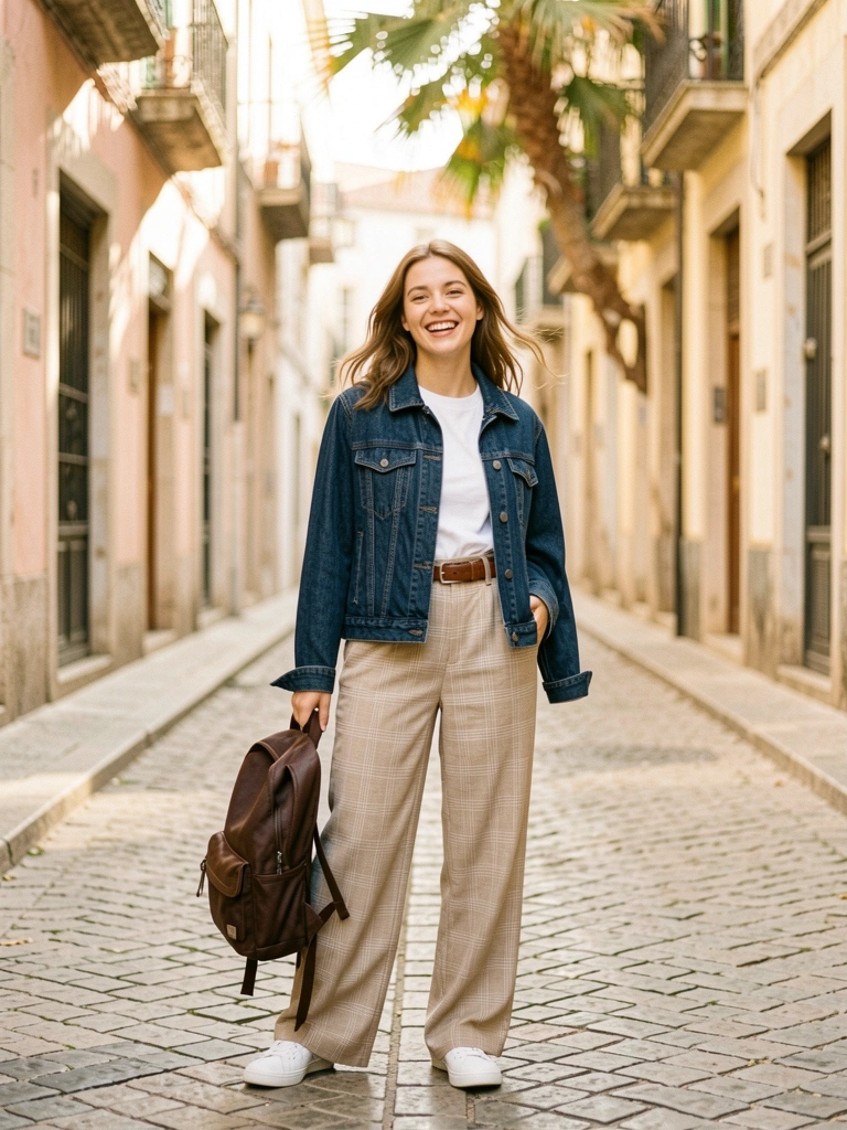 Mulher com jaqueta jeans azul escuro, calça xadrez bege, mochila marrom, em rua europeia com luz solar filtrada.