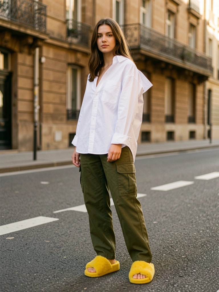 Camisa branca oversized sobre ombros, calça cargo verde-oliva, chinelos amarelos felpudos, rua asfaltada com divisórias brancas, prédios parisienses ao fundo, luz quente de final de tarde.