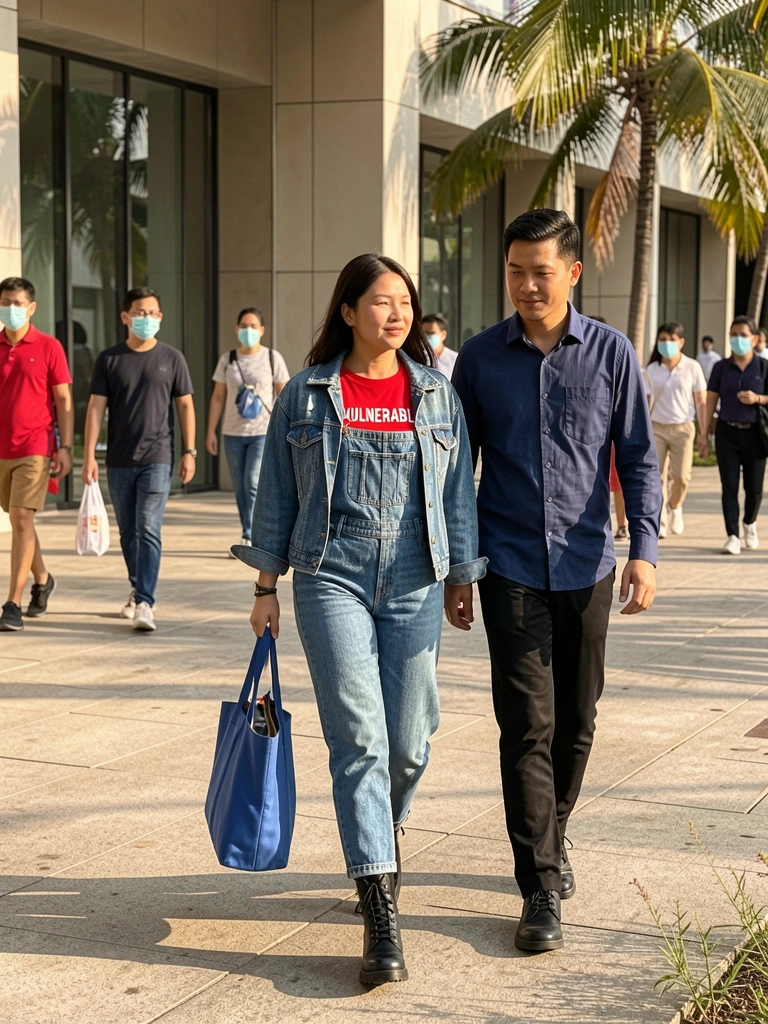 Mulher de macacão jeans e jaqueta denim, camiseta vermelha com 