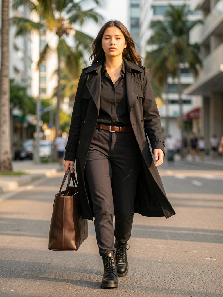 Mulher em trench coat preto e botas de combate caminha em rua urbana, sacola marrom a tiracolo, luz natural quente e prédios desfocados ao fundo.
