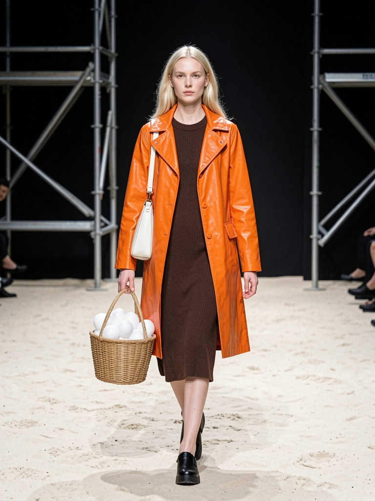 Mulher loira de casaco laranja e vestido marrom em passarela de areia, bolsa branca e cesto com bolas de espuma, iluminação difusa.